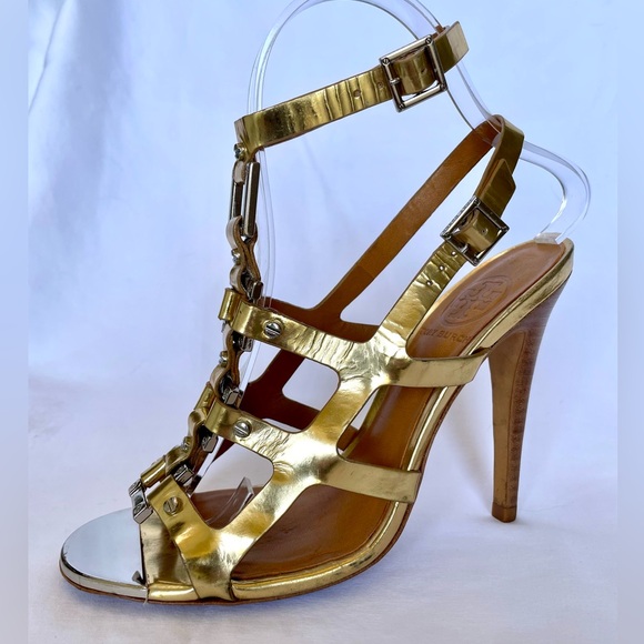 TORY BURCH FRANCESCA GLADIATOR STRAPPY HIGH HEELED SANDALS. GOLD. SIZE 6.5 - Picture 3 of 11